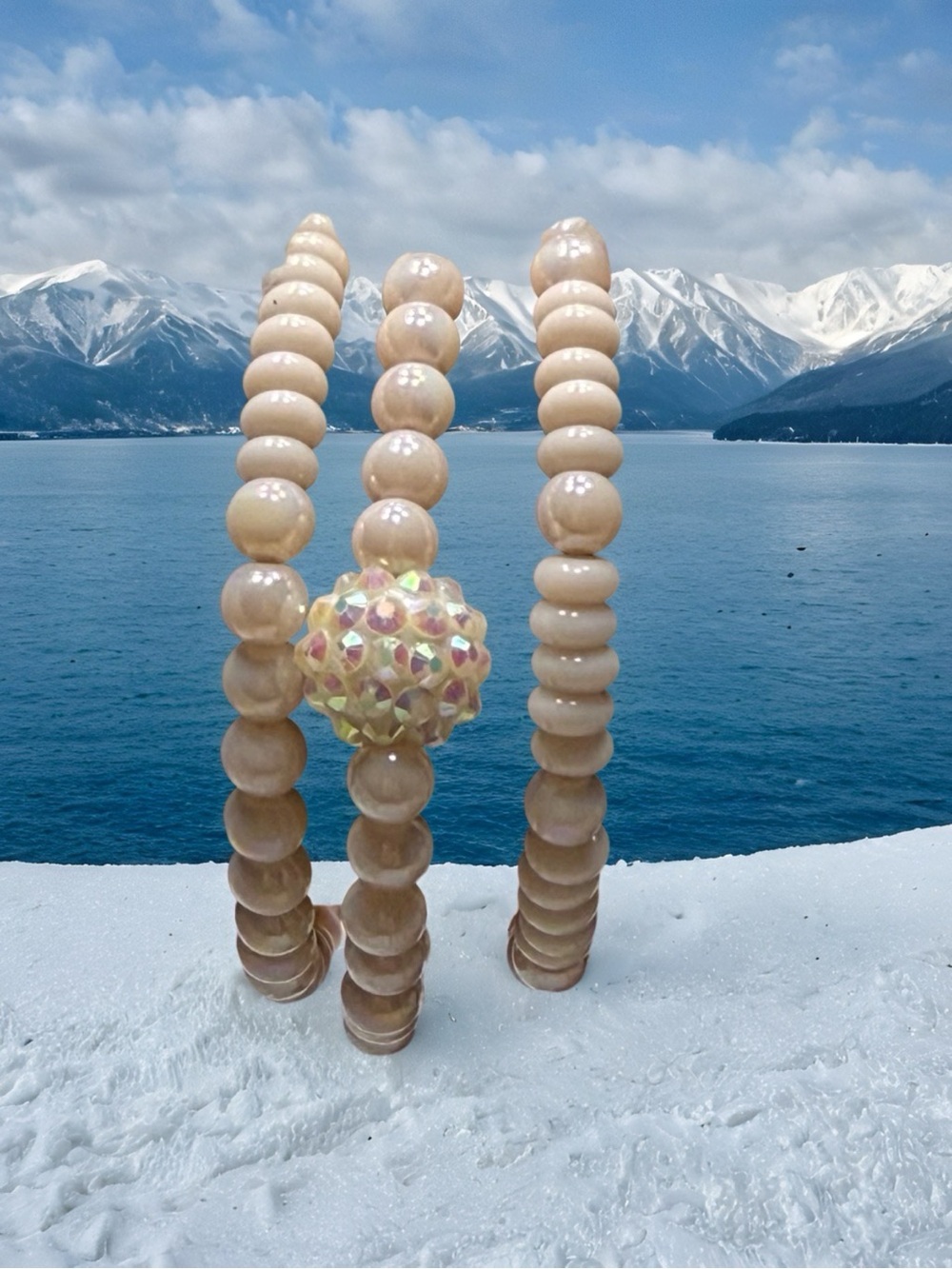 Hand Crafted Beige Beaded Stretch Bracelet Set with Iridescent Accent